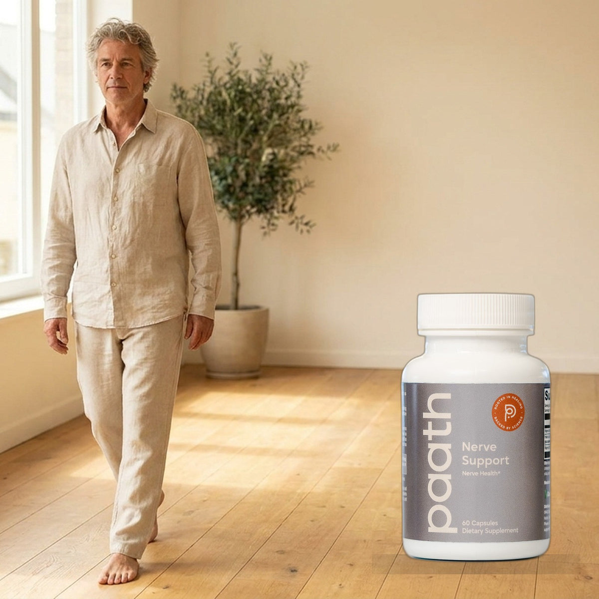 Man walking comfortably barefoot on warm wooden floor with Paath Nerve Support