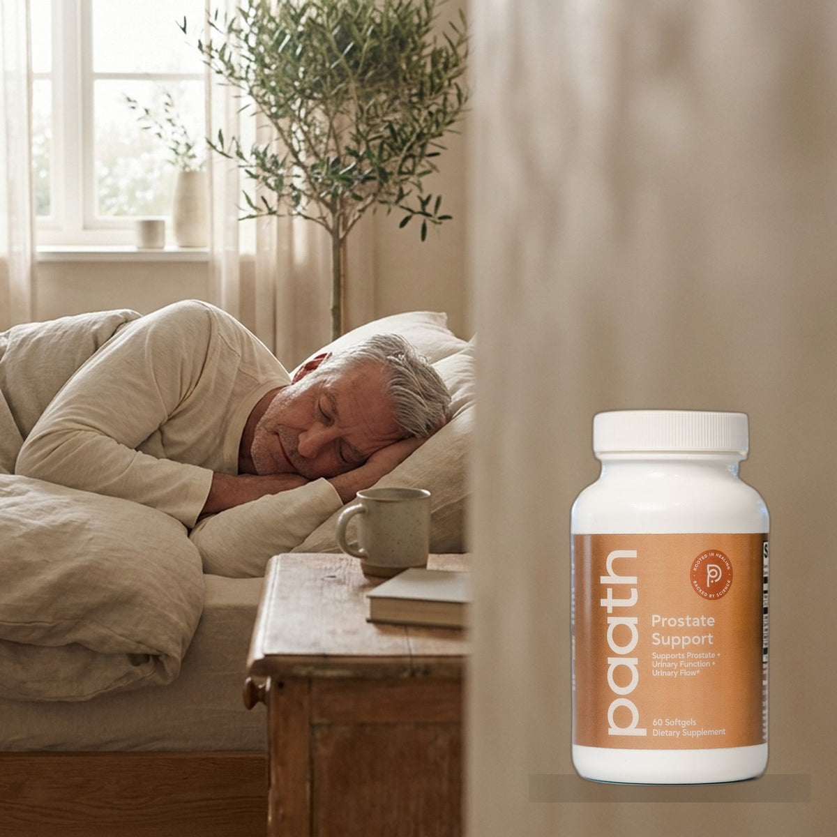 Man sleeping undisturbed through the night with Paath Prostate Support