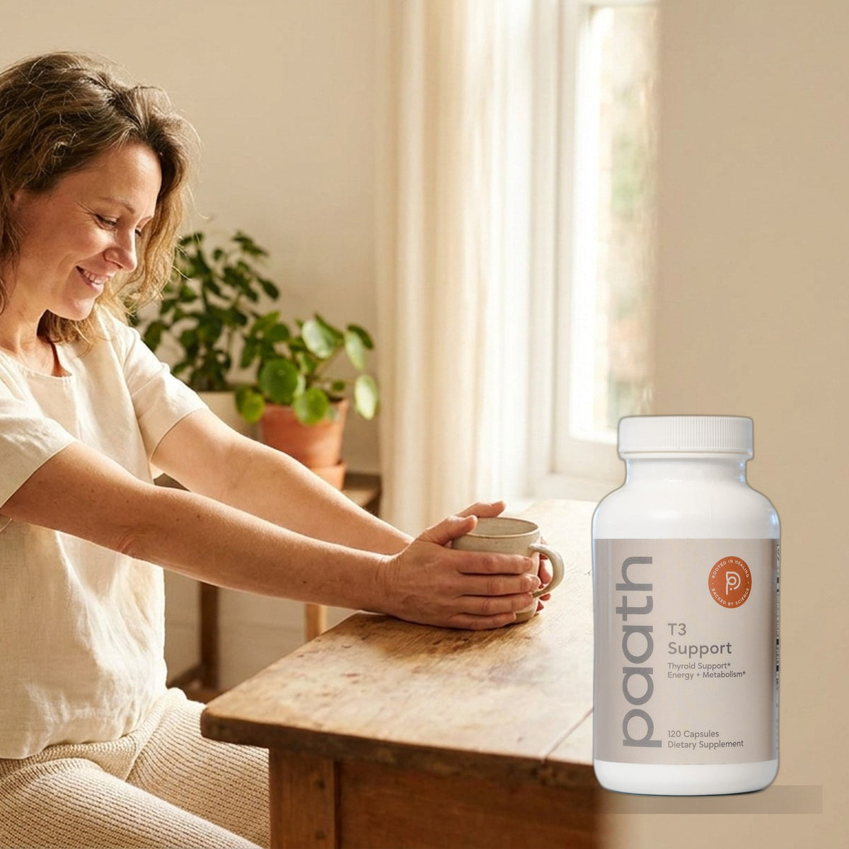 Woman warm and energised in a sunlit room with Paath T3 Support
