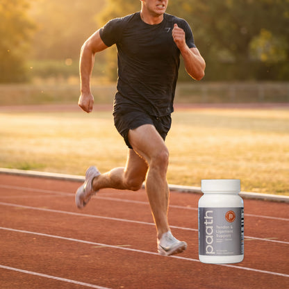 Runner on a track beside Paath Tendon and Ligament Support
