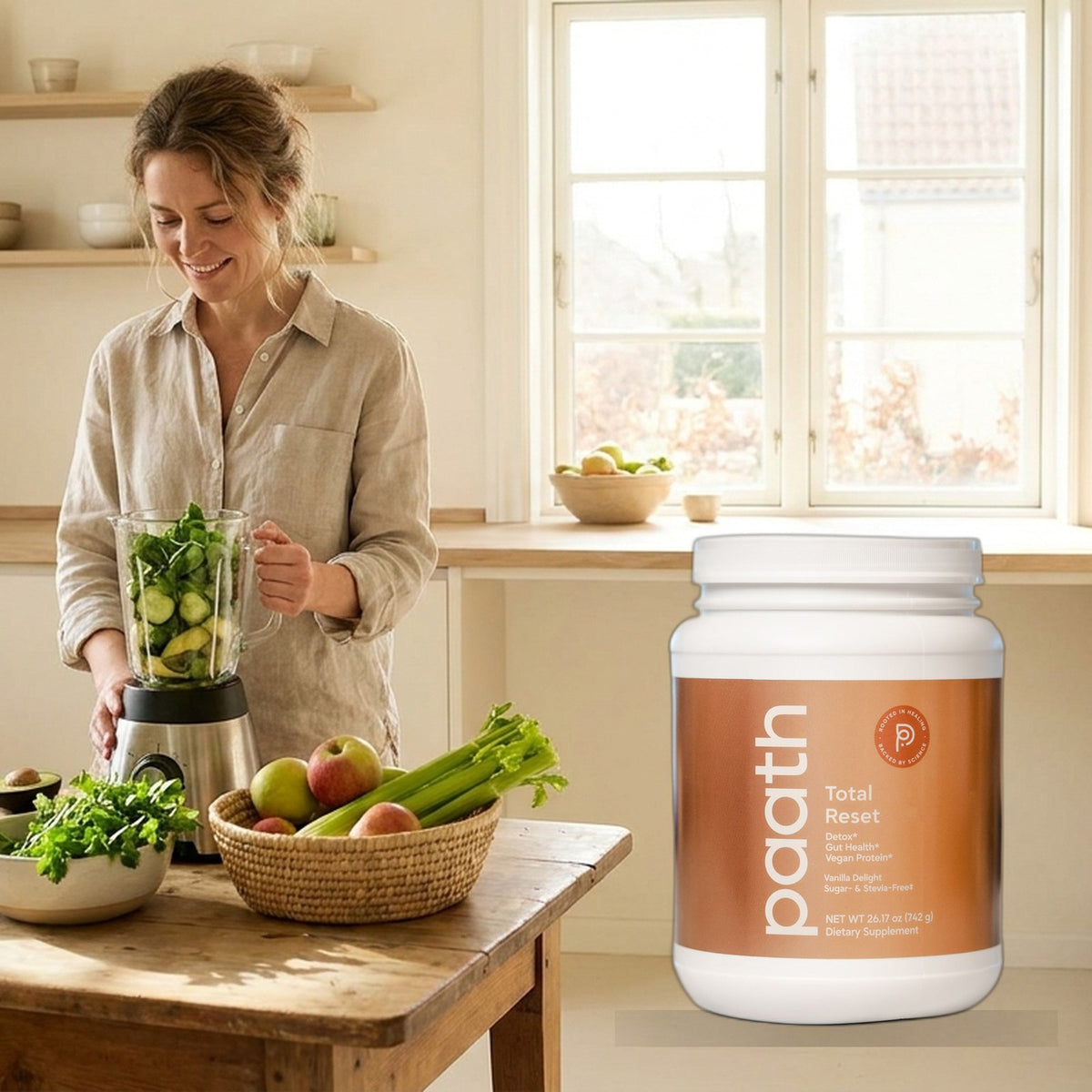 Woman blending a fresh green shake with produce nearby and Paath Total Reset