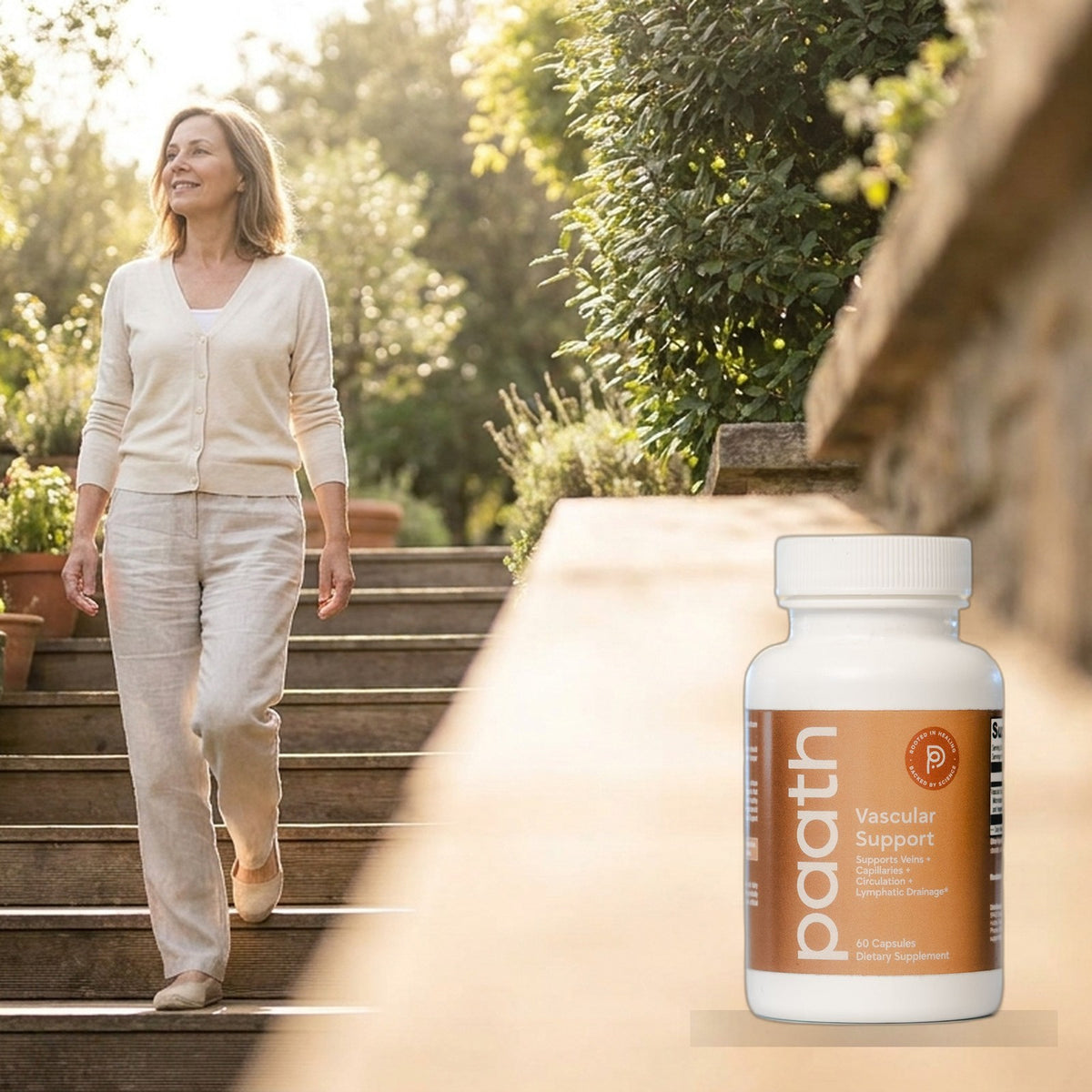 Woman climbing sunlit stairs with light comfortable legs and Paath Vascular Support